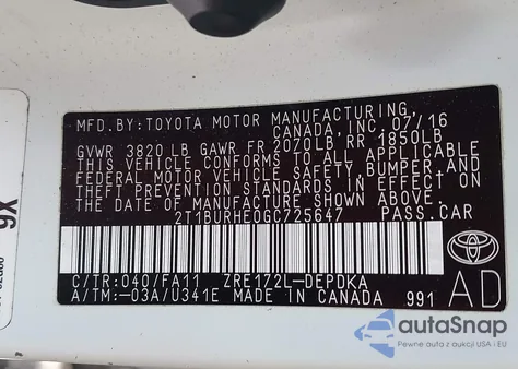 2016 Toyota Corolla L из США, поврежденный, VIN 2T1BURHE0GC725647